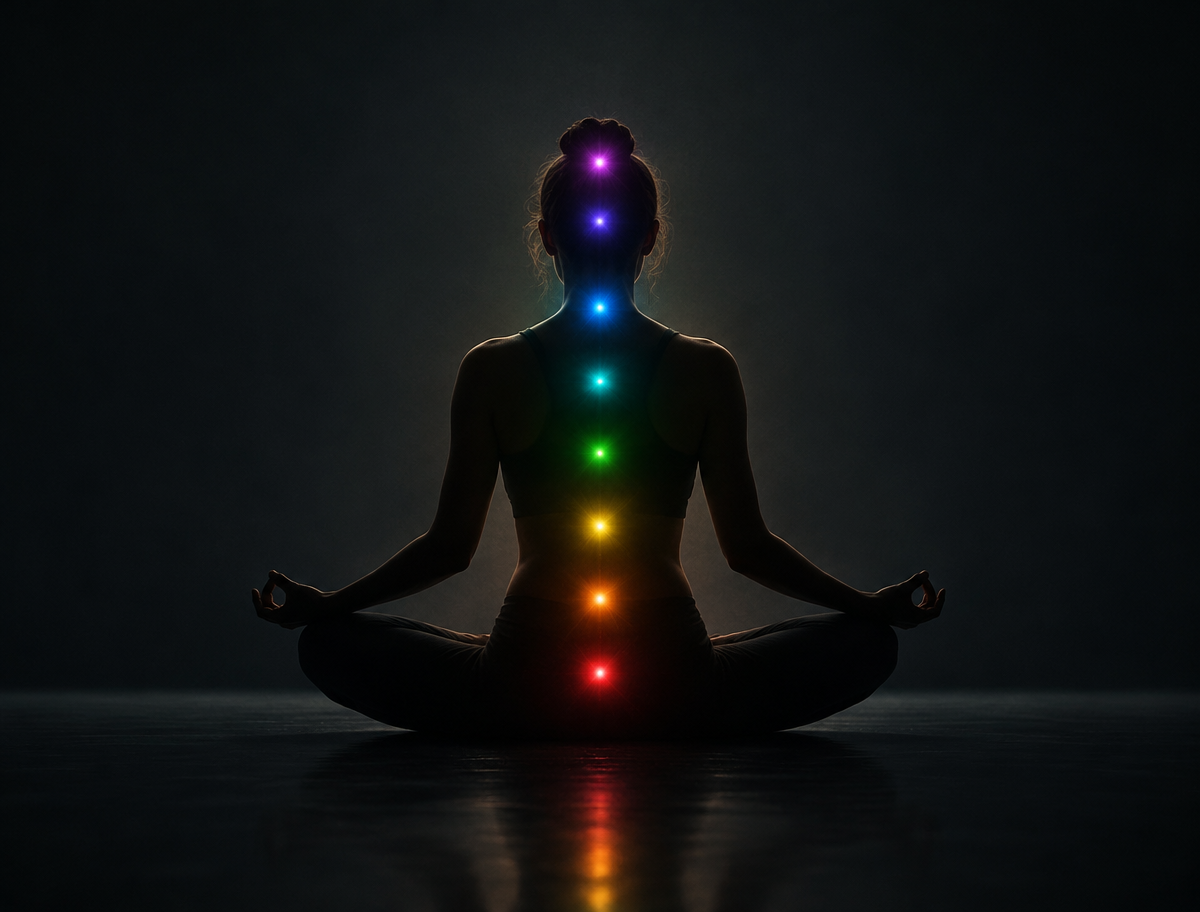 Meditierende Figur mit sieben markierten Chakra-Punkten