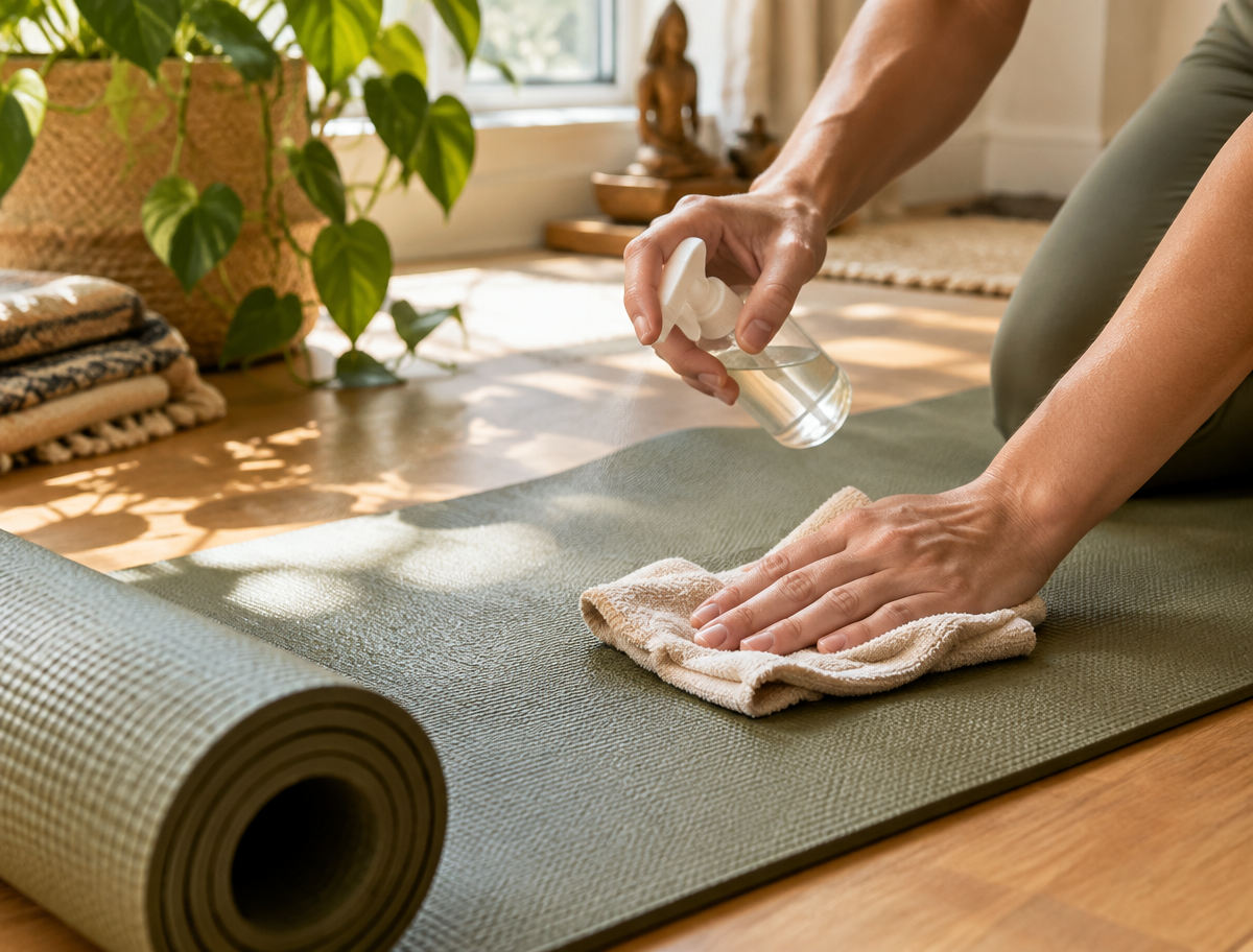 Yogamatte wird mit Tuch und Sprühflasche gereinigt