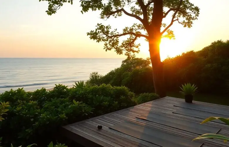 Friedliche Yoga-Retreat-Szene am Strand bei Sonnenuntergang.