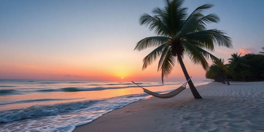 Strand mit Hängematte und Palmen bei Sonnenuntergang